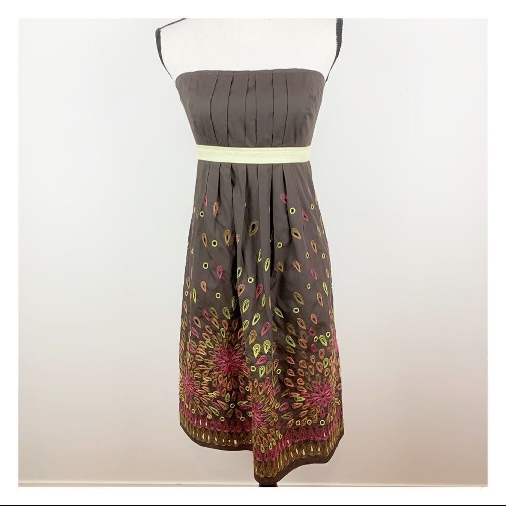 Tabitha Anthro Brown Embroidered Strapless Dress